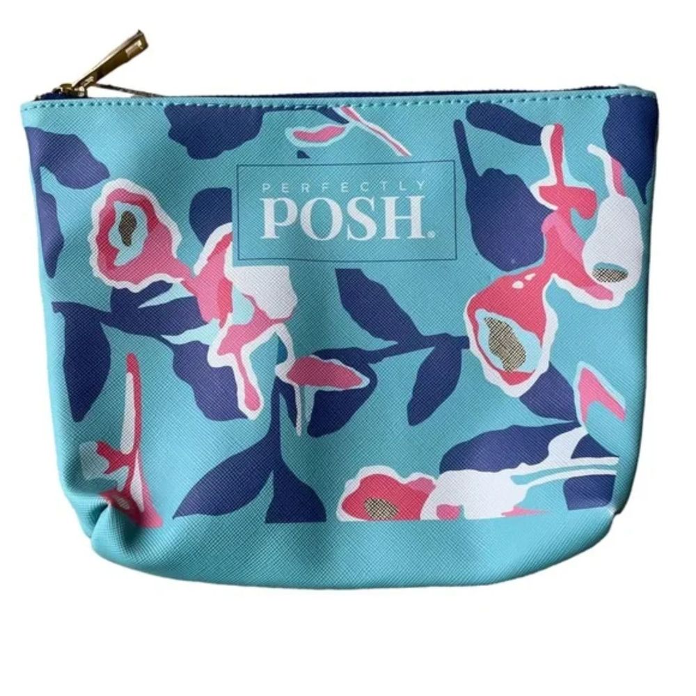 NWT Perfectly Posh Floral Makeup Bag – Blue & Pink Toiletry Pouch